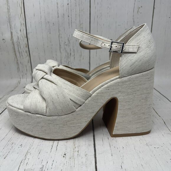 Copper Key Platform Sandals Size 11 Beige Picnic Denim Heels - Picture 8 of 11